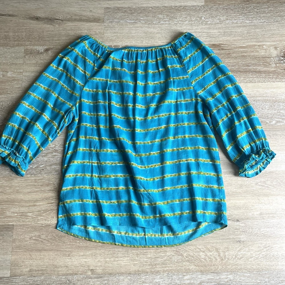 Lauren Ralph Lauren Turquoise  Stripe Crinkled Cotton Peasant Top Med Sheer NWT - Picture 7 of 7